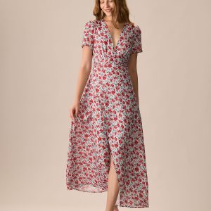 Women's Red V-Neck Ruched Floral Maxi Dress