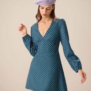 Women's Navy V-neck Polka Dot Mini Dress