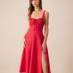 Women's Red Square Neck Ruched Slip Midi Dress