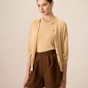 Women's Khaki Crew Neck Ribbed Tencel Cardigan