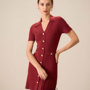 Women's Red V-Neck Bodycon Sweater Dress