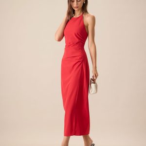 Women's Red Shirred Halter Maxi Dress