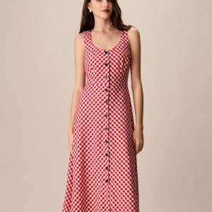 Women's Red U-Neck Plaid Midi Dress