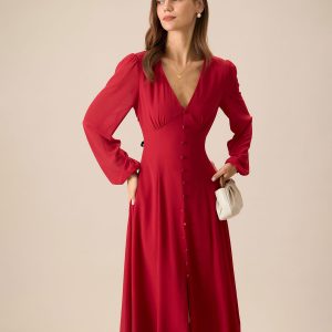 Women's Red V-Neck Puff Sleeve Slit Midi Dress